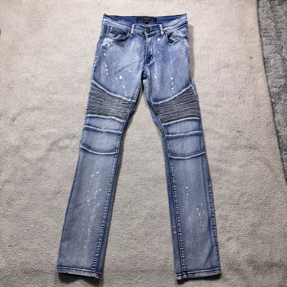 Reason Brand Jeans Mens 30 Blue Denim Splatter Print Accent Ribbed Grunge 28x31